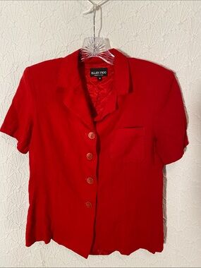 Vintage Ellen Figg Red Short Sleeve Button Front Blouse Size 8 Timeless Made USA